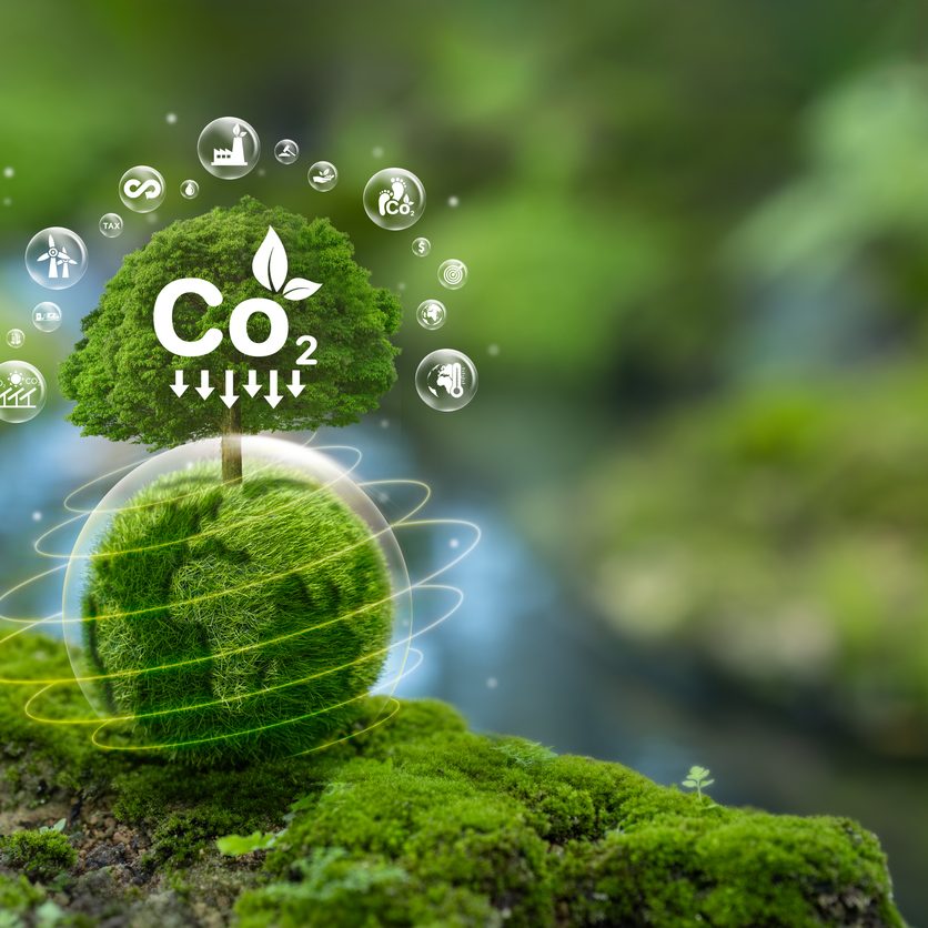 carbon neutral concept Net zero greenhouse gas emissions target Green globe with trees for greenhouse gas emissions with neutral carbon icon