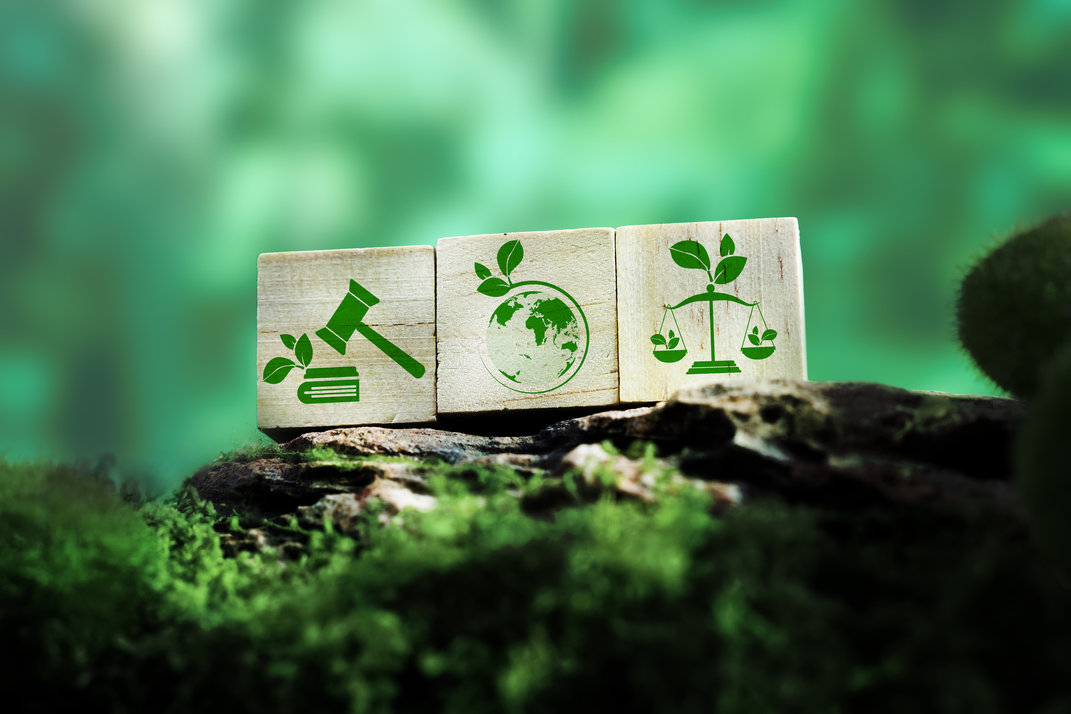 Three wooden blocks with green eco law, planet Earth, and justice icons on mossy rock, symbolizing sustainable development, legal protection of nature, and environmental justice in a green context.