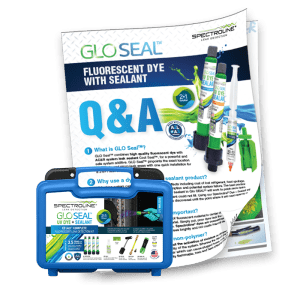 GLOSEAL-Flyer „Fluoreszierender Farbstoff mit Dichtungsmittel“ – Titelseite und GLOSEAL-Set